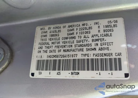 2006 Honda Accord 2.4 Ex z USA, uszkodzony, nr VIN 1HGCM56726A151977